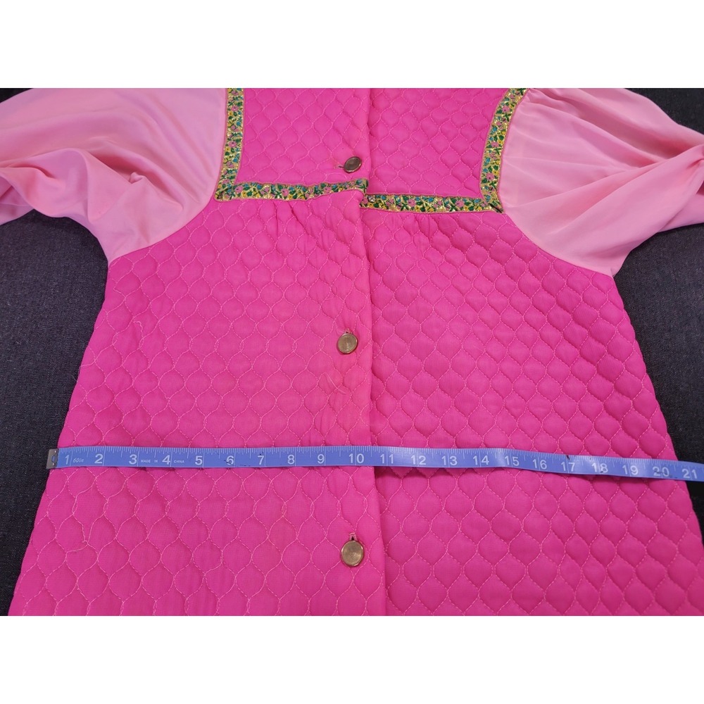 Vintage 60's Quilted Robe Gold Floral Trim Flowy Sleeve Hot Pink Maxi Mod M - Picture 13 of 16